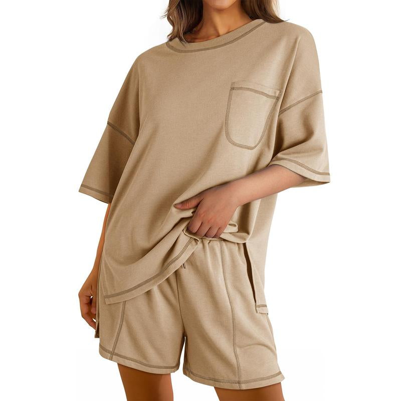 Dokotoo Women's 2-Piece Fashion Lounge Set: Summer Comfy Solid Crewneck Short Sleeve Top and High Waist Shorts with Pockets, Ideal Resort Wear Sweatsuit