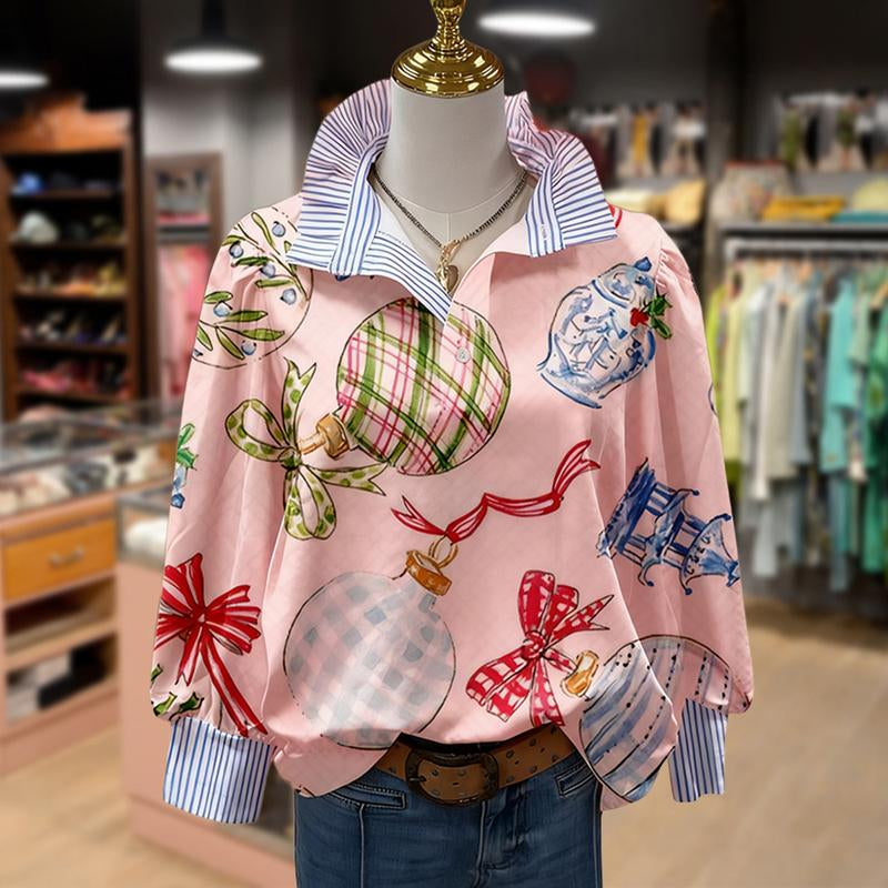 Cherrybetty Christmas Ornaments Print Striped Collar Top with Festive Ball and Ribbon Design for Holiday Wear Women'S Fashion Outdoorfun