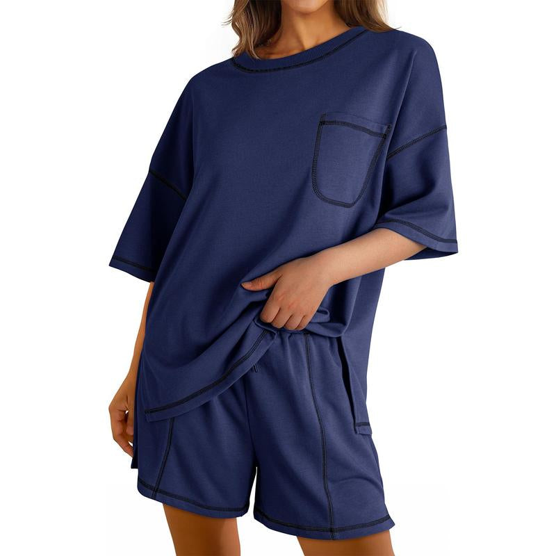 Dokotoo Women's 2-Piece Fashion Lounge Set: Summer Comfy Solid Crewneck Short Sleeve Top and High Waist Shorts with Pockets, Ideal Resort Wear Sweatsuit