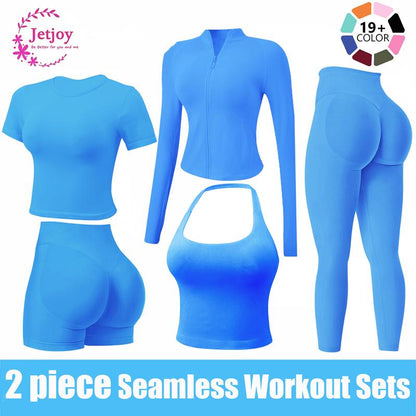 Jetjoy 2 Piece Workout Sets for Women, Long or Short Sleeve T Shirt Tank Top + Workout Shorts Butt Lifting Gym Seamless Booty Biker Shorts, Going Out Gym Sets Fitness Clothes Skinny Sportswear Compression Activewear Gymwear Fitness Clothes Mesh Athleisure