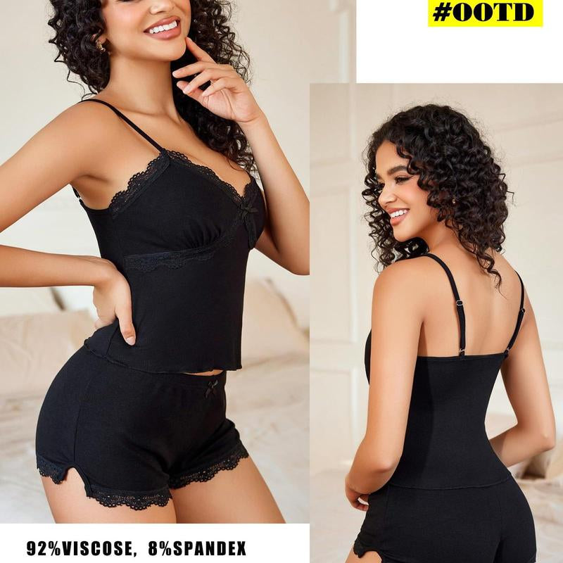 Avidlove Women's V-Neck Lace Trim Cami Pajama Set with Side Slit, Sleepwear, Sizes S-XXL