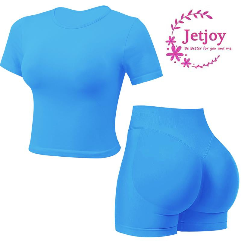 Jetjoy 2 Piece Workout Sets for Women, Long or Short Sleeve T Shirt Tank Top + Workout Shorts Butt Lifting Gym Seamless Booty Biker Shorts, Going Out Gym Sets Fitness Clothes Skinny Sportswear Compression Activewear Gymwear Fitness Clothes Mesh Athleisure