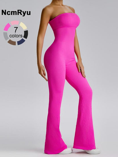 Women'S Sexy Yoga Ribbed One Piece Tube Jumpsuit Rompers Flared Trousers Tights Push-Up Sports Bodysuit Women Fitness Suit Workout Sportswear Gym