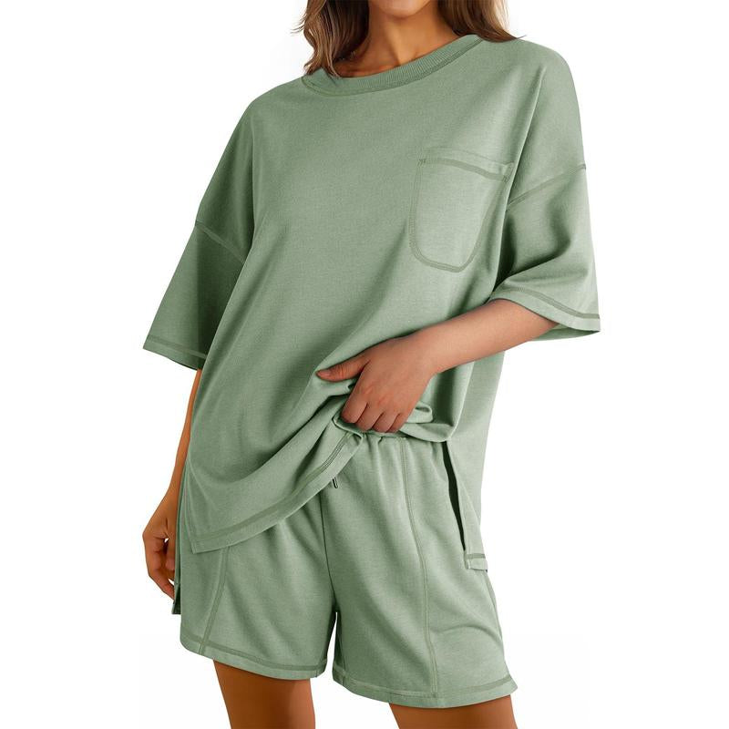 Dokotoo Women's 2-Piece Fashion Lounge Set: Summer Comfy Solid Crewneck Short Sleeve Top and High Waist Shorts with Pockets, Ideal Resort Wear Sweatsuit