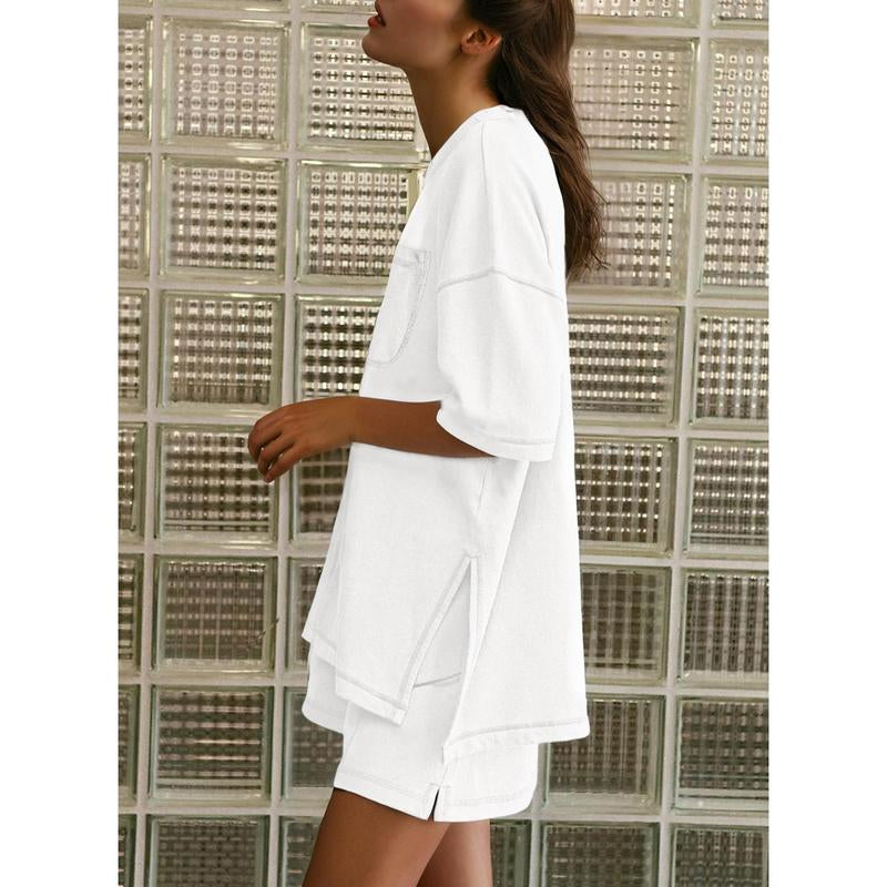 Dokotoo Women's 2-Piece Fashion Lounge Set: Summer Comfy Solid Crewneck Short Sleeve Top and High Waist Shorts with Pockets, Ideal Resort Wear Sweatsuit