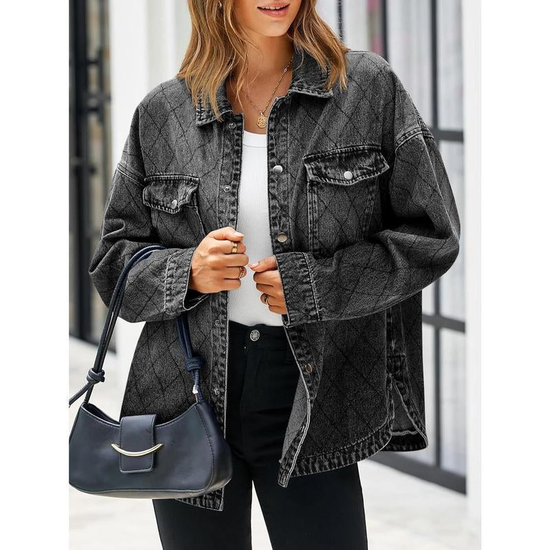 FMEYOA Women's Oversized Denim Jacket with Trendy Diamond Quilting and Button Down Design - Casual Lightweight Shacket