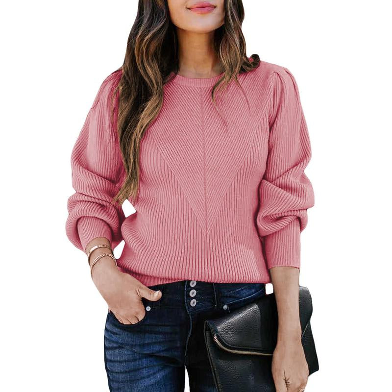 Dokotoo Women's Ribbed Knit Long Sleeve Lantern Sweater - Crewneck Casual Slim Fit Pullover Top