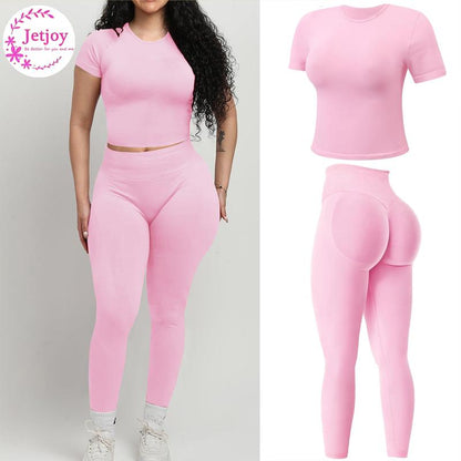 Jetjoy 2 Piece Workout Sets for Women, Long or Short Sleeve T Shirt Tank Top + Workout Shorts Butt Lifting Gym Seamless Booty Biker Shorts, Going Out Gym Sets Fitness Clothes Skinny Sportswear Compression Activewear Gymwear Fitness Clothes Mesh Athleisure