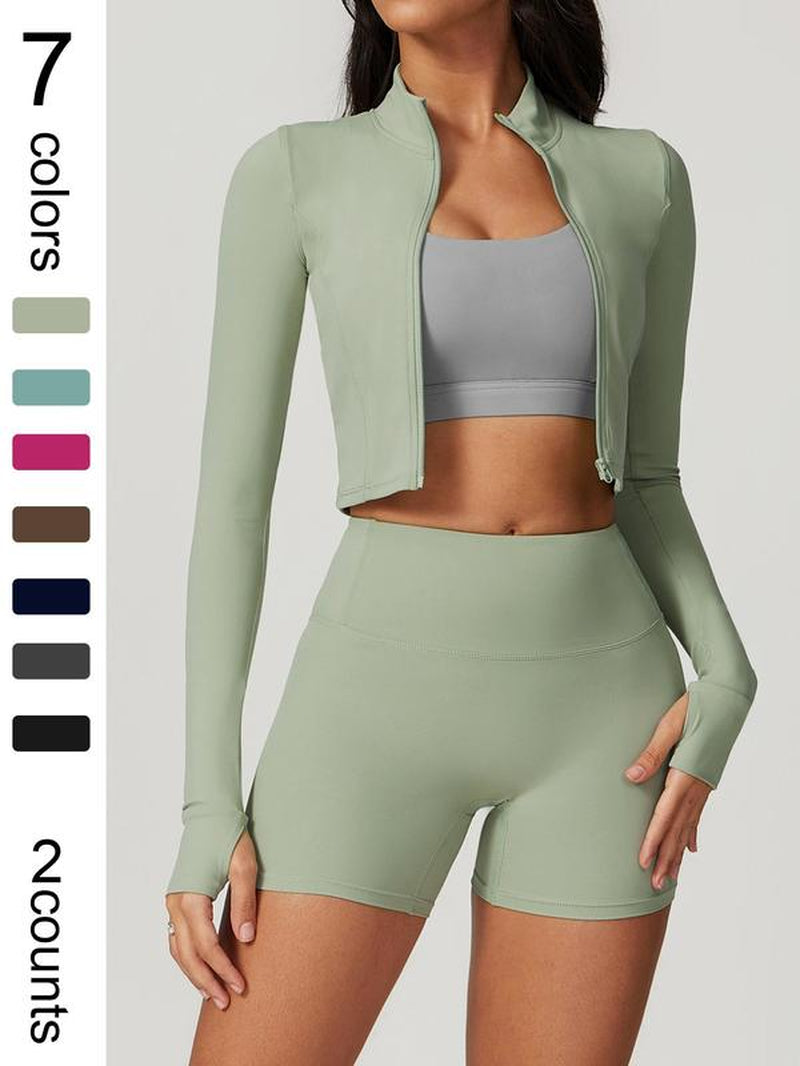 Women'S High Elastic Soft Standing Neck Zipper Waist Length Shaping Jacket High Waist Beautiful Buttocks Shorts Yoga Suit Set Outdoor Running Cycling, Mountaineering Strolling Set Gym Sports Training Fashion Coat Shorts