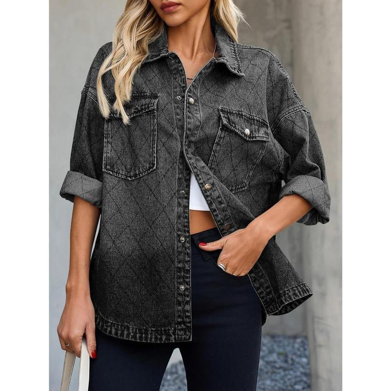 FMEYOA Women's Oversized Denim Jacket with Trendy Diamond Quilting and Button Down Design - Casual Lightweight Shacket