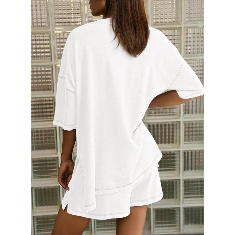 Dokotoo Women's 2-Piece Fashion Lounge Set: Summer Comfy Solid Crewneck Short Sleeve Top and High Waist Shorts with Pockets, Ideal Resort Wear Sweatsuit