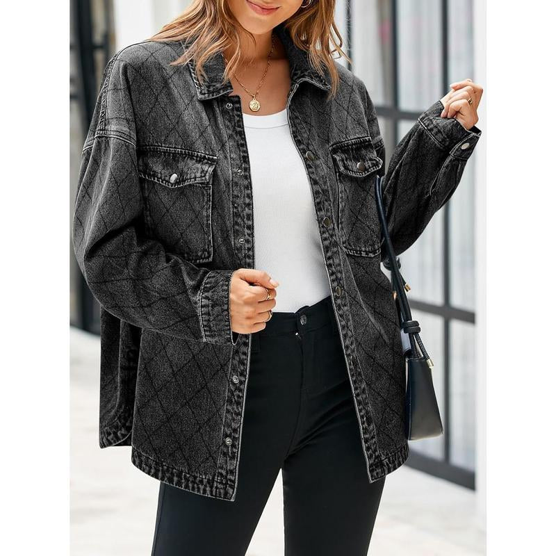 FMEYOA Women's Oversized Denim Jacket with Trendy Diamond Quilting and Button Down Design - Casual Lightweight Shacket