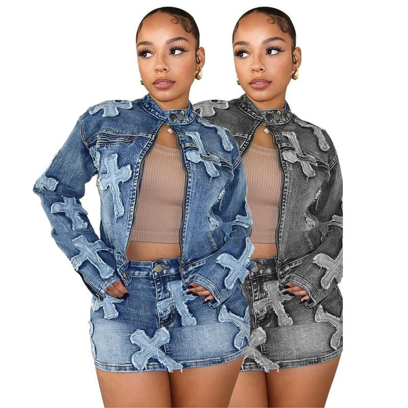2025 Women'S Fashion Denim Two-Piece Set with Embroidered Jacket and Mini Skirt - Casual Streetwear Outfit Retro Denim 2Piece Set Women S Prettylittlething Twopieceset Clothing Comfort Leisure Set