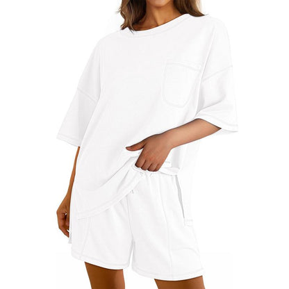 Dokotoo Women's 2-Piece Fashion Lounge Set: Summer Comfy Solid Crewneck Short Sleeve Top and High Waist Shorts with Pockets, Ideal Resort Wear Sweatsuit