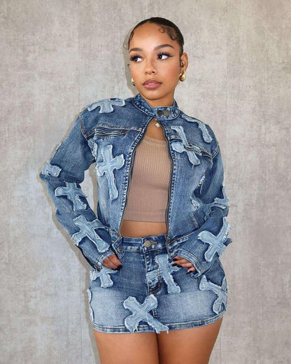 2025 Women'S Fashion Denim Two-Piece Set with Embroidered Jacket and Mini Skirt - Casual Streetwear Outfit Retro Denim 2Piece Set Women S Prettylittlething Twopieceset Clothing Comfort Leisure Set