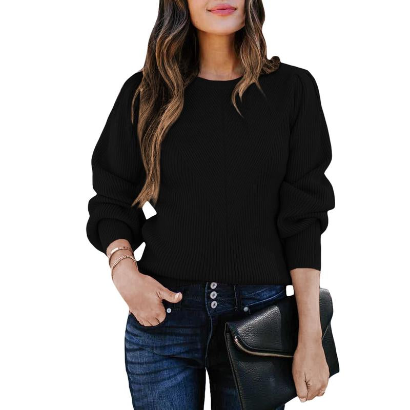 Dokotoo Women's Ribbed Knit Long Sleeve Lantern Sweater - Crewneck Casual Slim Fit Pullover Top