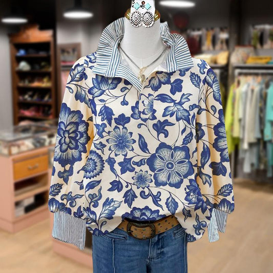 Cherrybetty Elegant Floral Print Striped Collar Long Sleeve Blouse Blue & White Floral Design for Versatile Wear Women'S Fashion Top