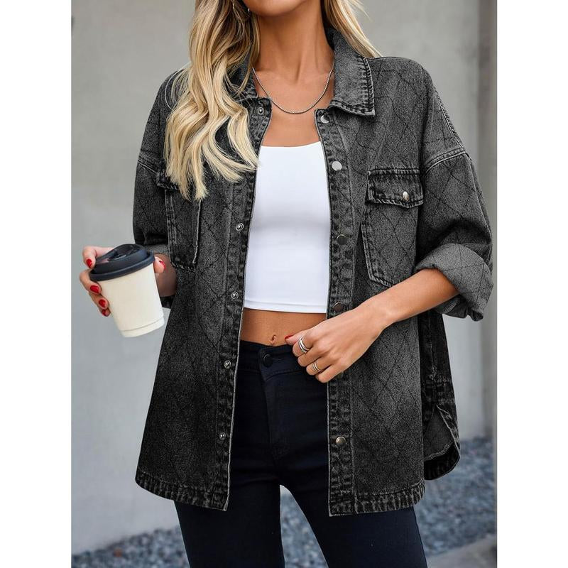 FMEYOA Women's Oversized Denim Jacket with Trendy Diamond Quilting and Button Down Design - Casual Lightweight Shacket