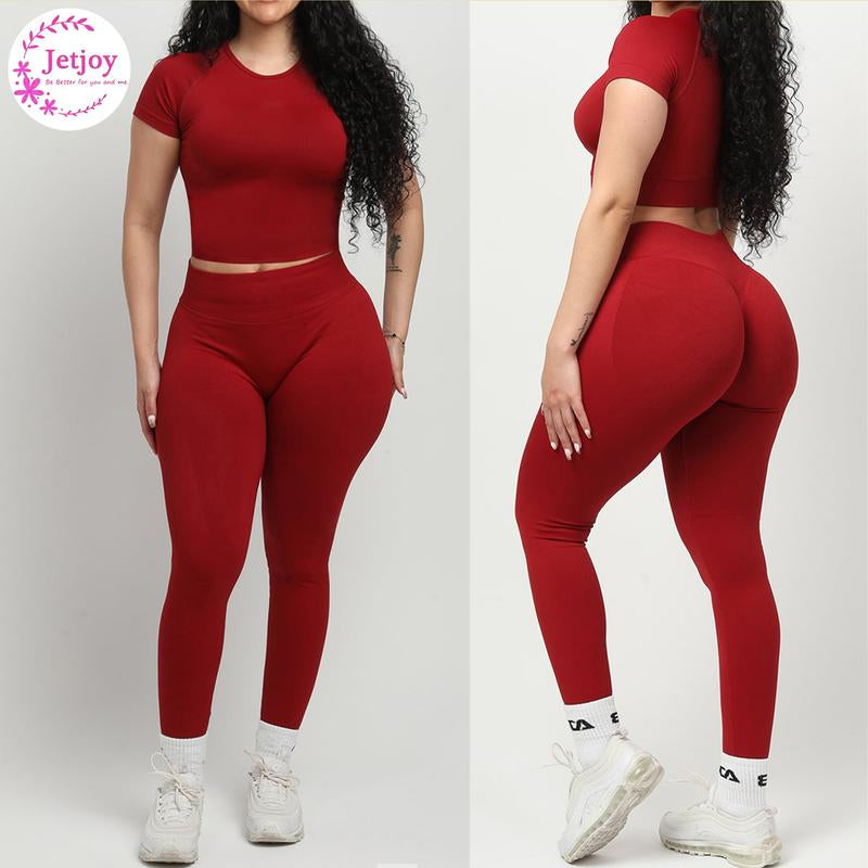Jetjoy 2 Piece Workout Sets for Women, Long or Short Sleeve T Shirt Tank Top + Workout Shorts Butt Lifting Gym Seamless Booty Biker Shorts, Going Out Gym Sets Fitness Clothes Skinny Sportswear Compression Activewear Gymwear Fitness Clothes Mesh Athleisure
