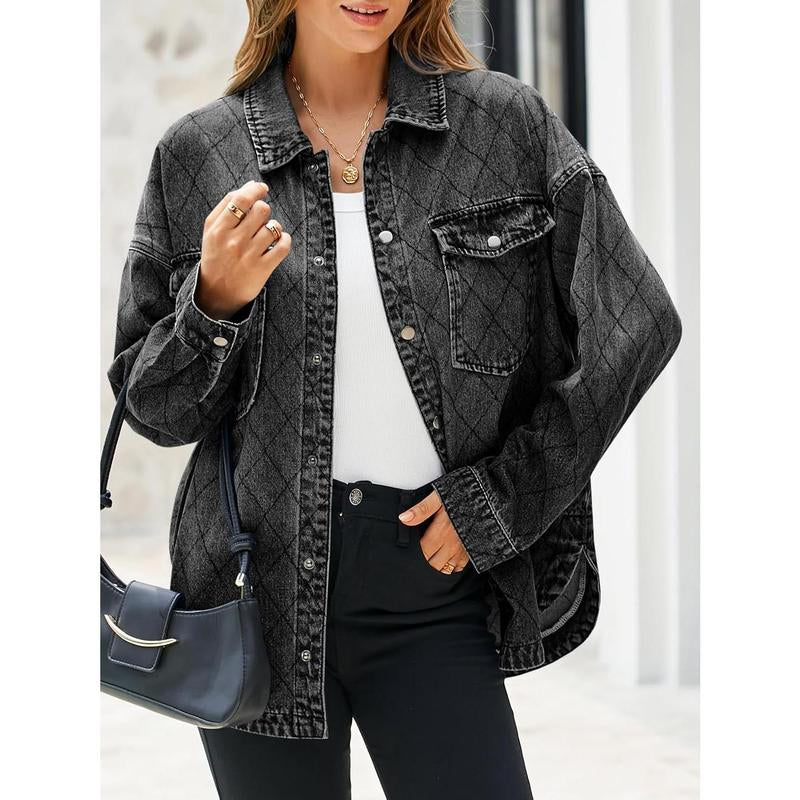FMEYOA Women's Oversized Denim Jacket with Trendy Diamond Quilting and Button Down Design - Casual Lightweight Shacket