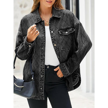 FMEYOA Women's Oversized Denim Jacket with Trendy Diamond Quilting and Button Down Design - Casual Lightweight Shacket