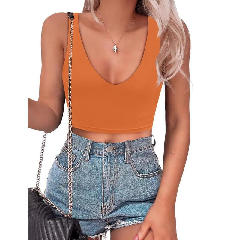 SAUNGKUAI Women's Summer Slim-Fit Deep V-Neck Backless Crop Tank Top