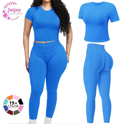 Jetjoy 2 Piece Workout Sets for Women, Long or Short Sleeve T Shirt Tank Top + Workout Shorts Butt Lifting Gym Seamless Booty Biker Shorts, Going Out Gym Sets Fitness Clothes Skinny Sportswear Compression Activewear Gymwear Fitness Clothes Mesh Athleisure