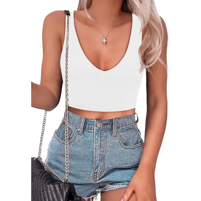 SAUNGKUAI Women's Summer Slim-Fit Deep V-Neck Backless Crop Tank Top
