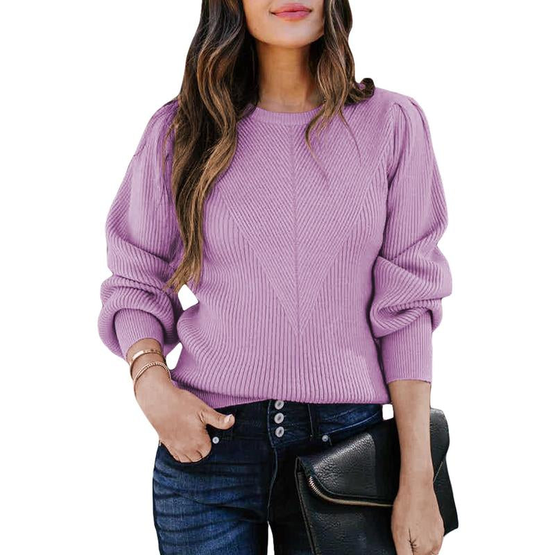 Dokotoo Women's Ribbed Knit Long Sleeve Lantern Sweater - Crewneck Casual Slim Fit Pullover Top