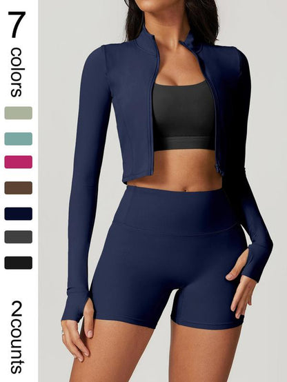 Women'S High Elastic Soft Standing Neck Zipper Waist Length Shaping Jacket High Waist Beautiful Buttocks Shorts Yoga Suit Set Outdoor Running Cycling, Mountaineering Strolling Set Gym Sports Training Fashion Coat Shorts