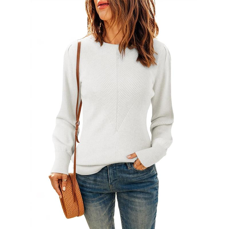 Dokotoo Women's Ribbed Knit Long Sleeve Lantern Sweater - Crewneck Casual Slim Fit Pullover Top