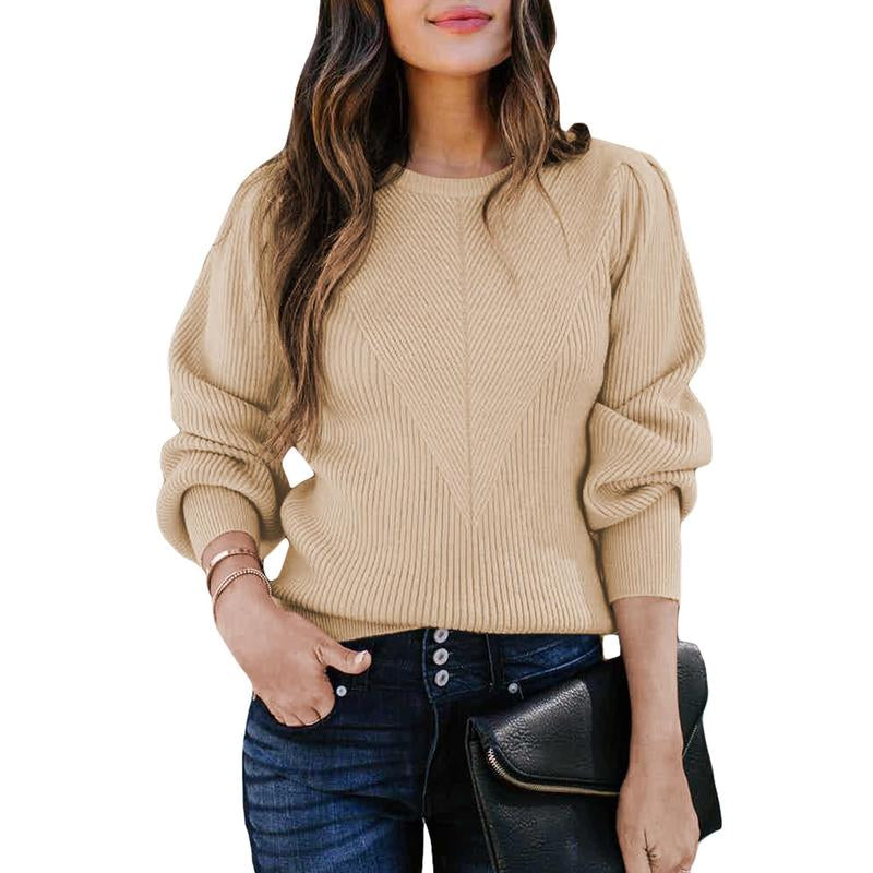 Dokotoo Women's Ribbed Knit Long Sleeve Lantern Sweater - Crewneck Casual Slim Fit Pullover Top