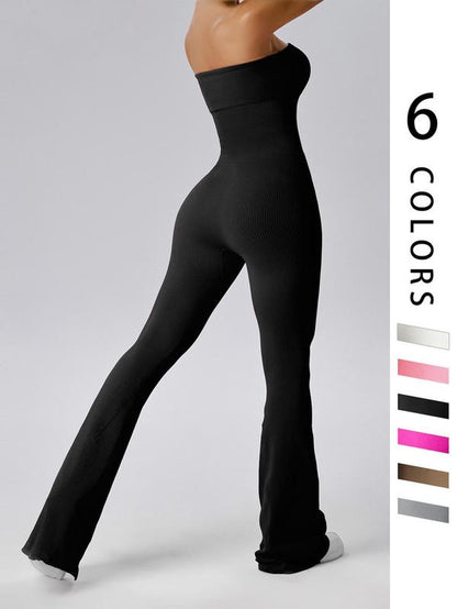 Women'S Sexy Yoga Ribbed One Piece Tube Jumpsuit Rompers Flared Trousers Tights Push-Up Sports Bodysuit Women Fitness Suit Workout Sportswear Gym