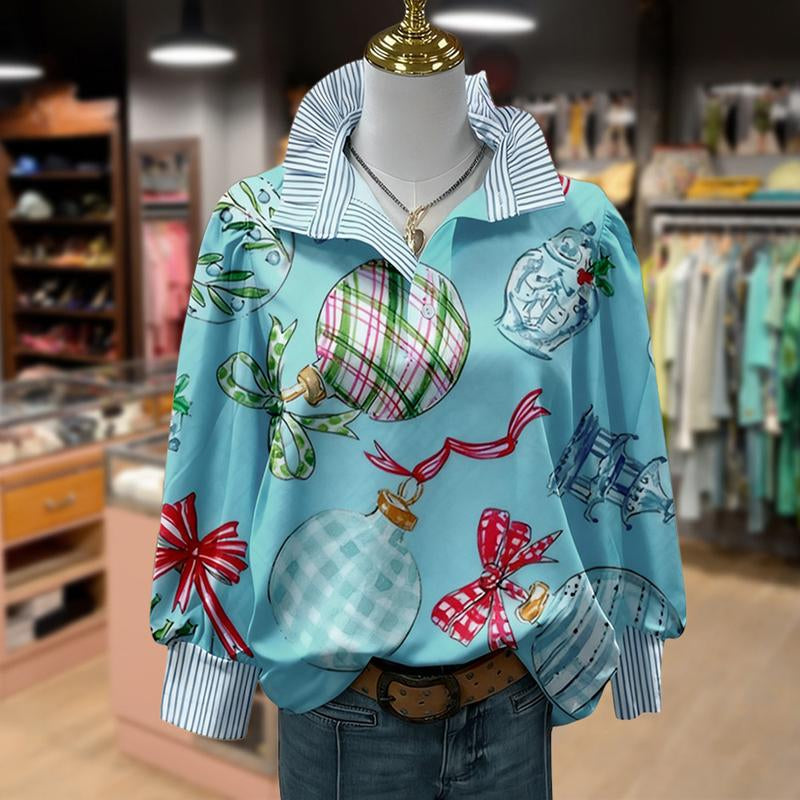 Cherrybetty Christmas Ornaments Print Striped Collar Top with Festive Ball and Ribbon Design for Holiday Wear Women'S Fashion Outdoorfun