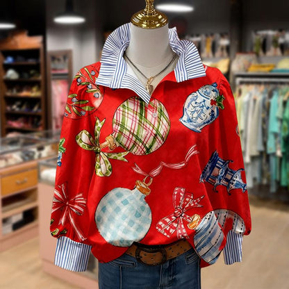Cherrybetty Christmas Ornaments Print Striped Collar Top with Festive Ball and Ribbon Design for Holiday Wear Women'S Fashion Outdoorfun