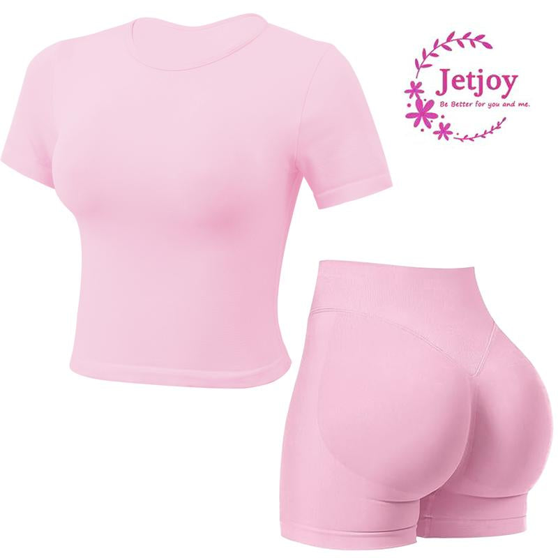 Jetjoy 2 Piece Workout Sets for Women, Long or Short Sleeve T Shirt Tank Top + Workout Shorts Butt Lifting Gym Seamless Booty Biker Shorts, Going Out Gym Sets Fitness Clothes Skinny Sportswear Compression Activewear Gymwear Fitness Clothes Mesh Athleisure