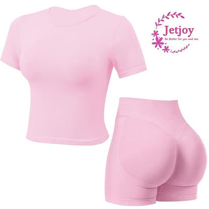 Jetjoy 2 Piece Workout Sets for Women, Long or Short Sleeve T Shirt Tank Top + Workout Shorts Butt Lifting Gym Seamless Booty Biker Shorts, Going Out Gym Sets Fitness Clothes Skinny Sportswear Compression Activewear Gymwear Fitness Clothes Mesh Athleisure