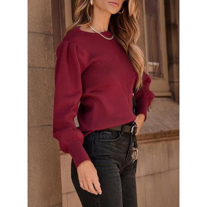 Dokotoo Women's Ribbed Knit Long Sleeve Lantern Sweater - Crewneck Casual Slim Fit Pullover Top