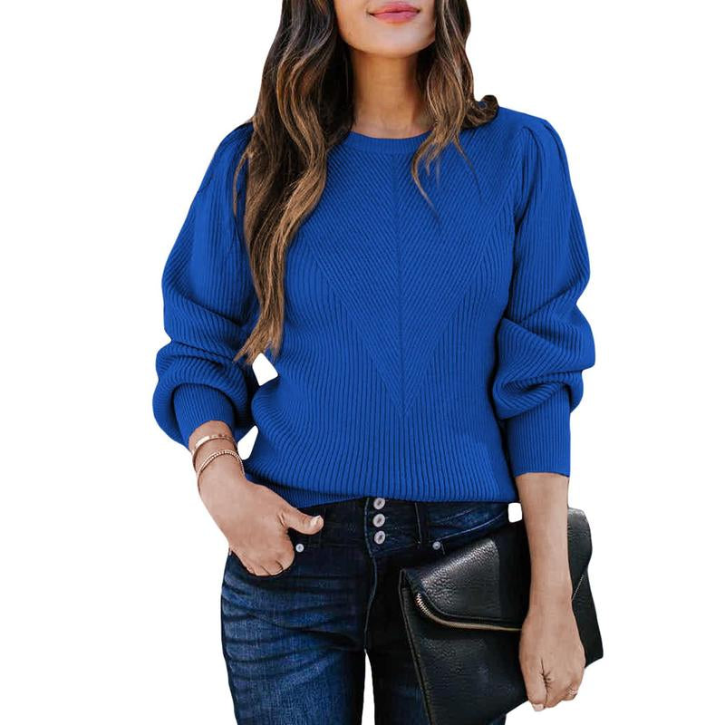 Dokotoo Women's Ribbed Knit Long Sleeve Lantern Sweater - Crewneck Casual Slim Fit Pullover Top