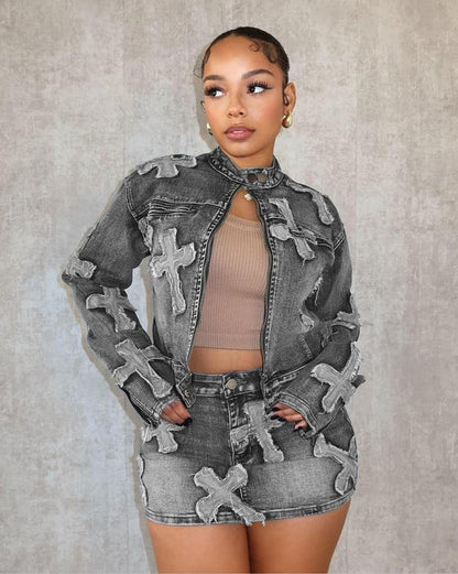 2025 Women'S Fashion Denim Two-Piece Set with Embroidered Jacket and Mini Skirt - Casual Streetwear Outfit Retro Denim 2Piece Set Women S Prettylittlething Twopieceset Clothing Comfort Leisure Set