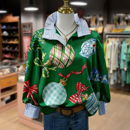 Cherrybetty Christmas Ornaments Print Striped Collar Top with Festive Ball and Ribbon Design for Holiday Wear Women'S Fashion Outdoorfun