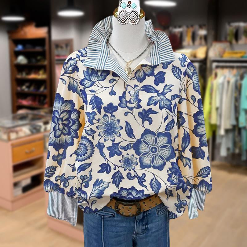 Cherrybetty Elegant Floral Print Striped Collar Long Sleeve Blouse Blue & White Floral Design for Versatile Wear Women'S Fashion Top