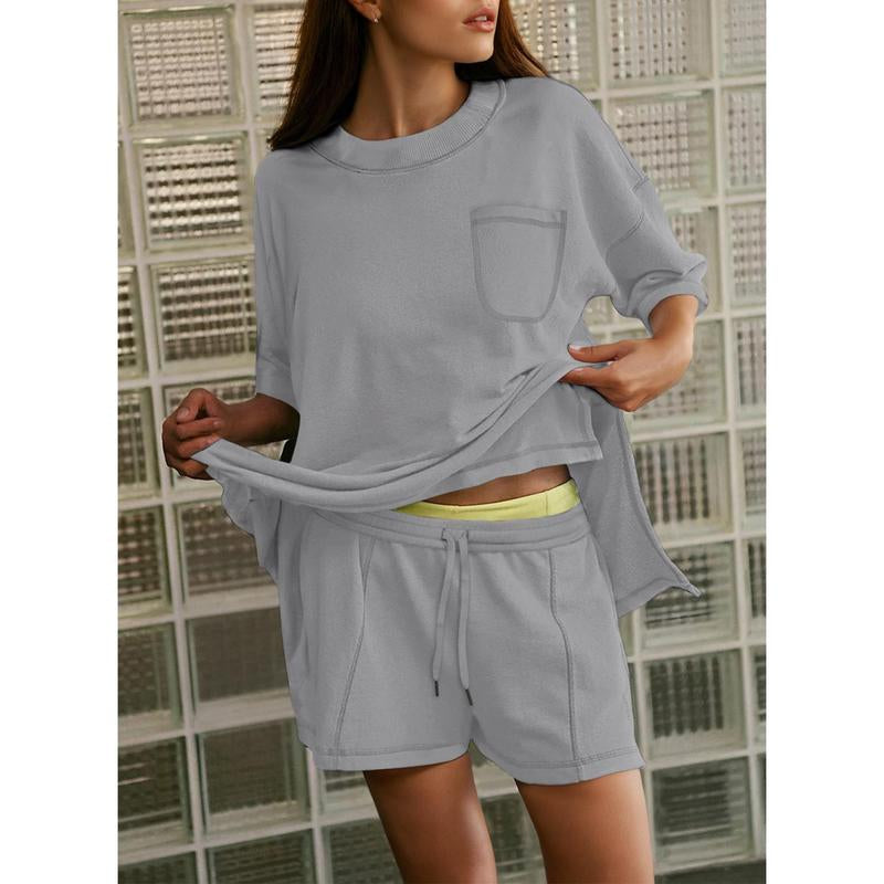 Dokotoo Women's 2-Piece Fashion Lounge Set: Summer Comfy Solid Crewneck Short Sleeve Top and High Waist Shorts with Pockets, Ideal Resort Wear Sweatsuit