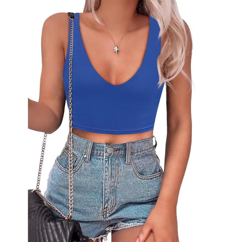 SAUNGKUAI Women's Summer Slim-Fit Deep V-Neck Backless Crop Tank Top