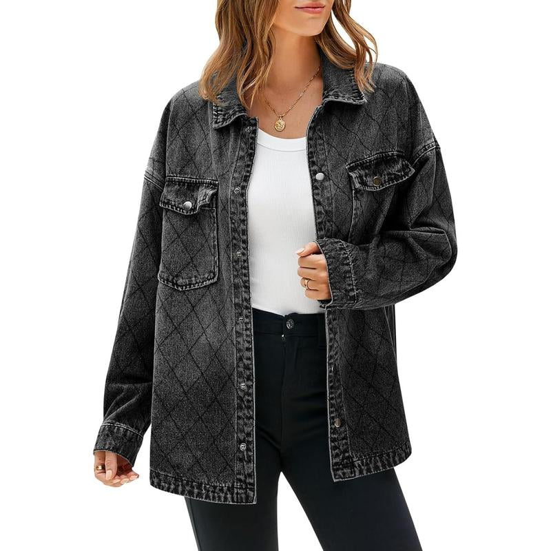 FMEYOA Women's Oversized Denim Jacket with Trendy Diamond Quilting and Button Down Design - Casual Lightweight Shacket