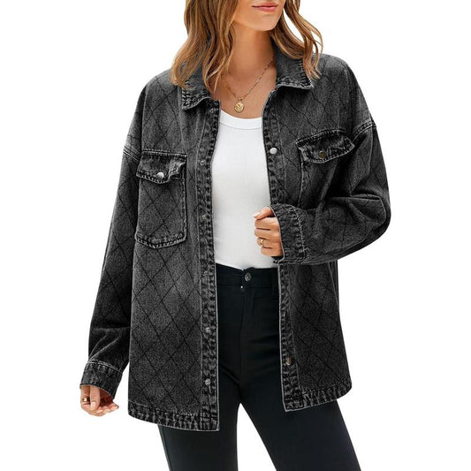 FMEYOA Women's Oversized Denim Jacket with Trendy Diamond Quilting and Button Down Design - Casual Lightweight Shacket