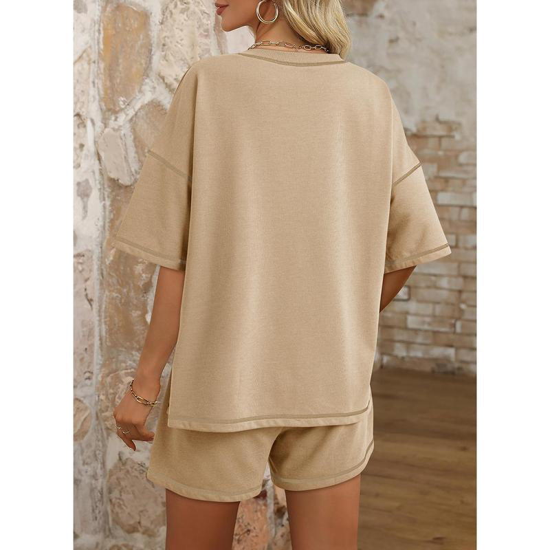 Dokotoo Women's 2-Piece Fashion Lounge Set: Summer Comfy Solid Crewneck Short Sleeve Top and High Waist Shorts with Pockets, Ideal Resort Wear Sweatsuit