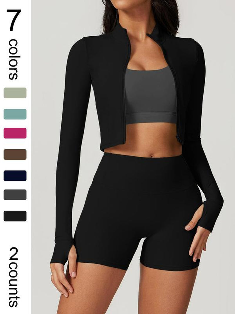 Women'S High Elastic Soft Standing Neck Zipper Waist Length Shaping Jacket High Waist Beautiful Buttocks Shorts Yoga Suit Set Outdoor Running Cycling, Mountaineering Strolling Set Gym Sports Training Fashion Coat Shorts