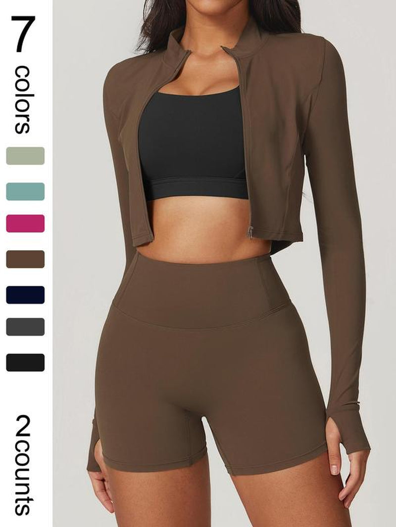 Women'S High Elastic Soft Standing Neck Zipper Waist Length Shaping Jacket High Waist Beautiful Buttocks Shorts Yoga Suit Set Outdoor Running Cycling, Mountaineering Strolling Set Gym Sports Training Fashion Coat Shorts