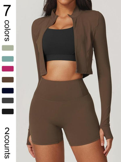 Women'S High Elastic Soft Standing Neck Zipper Waist Length Shaping Jacket High Waist Beautiful Buttocks Shorts Yoga Suit Set Outdoor Running Cycling, Mountaineering Strolling Set Gym Sports Training Fashion Coat Shorts